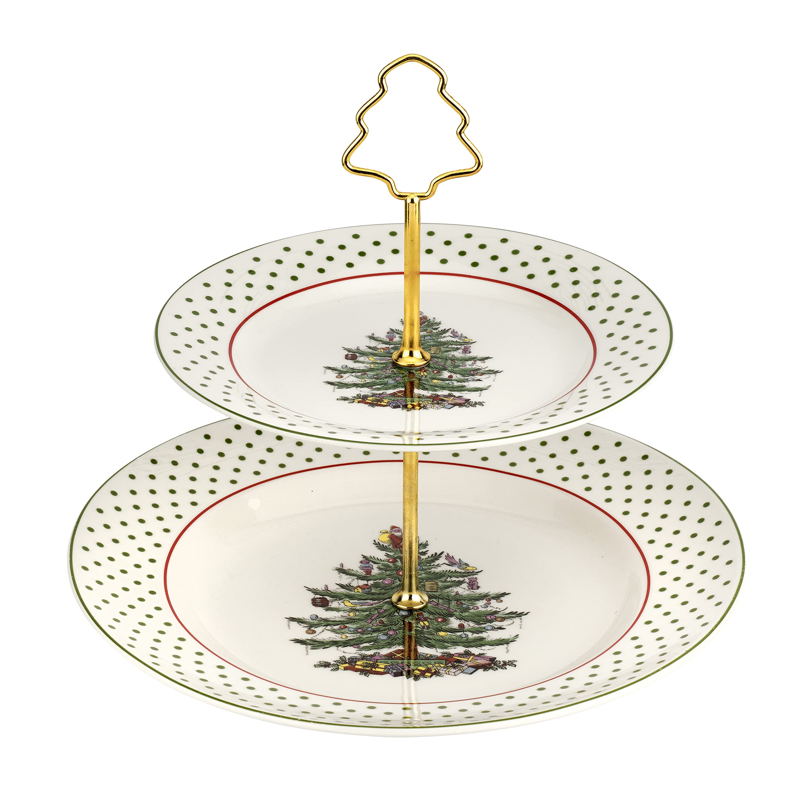Spode front view of two-tiered server showing festive design and presentation benefit