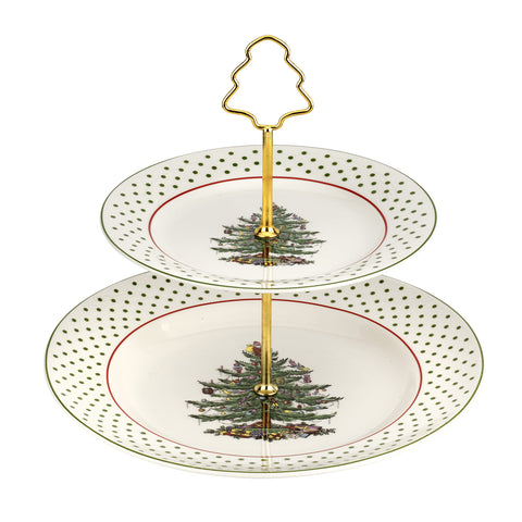 Spode front view of two-tiered server showing festive design and presentation benefit