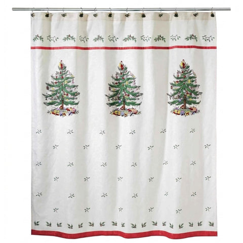 Spode front view of Christmas Tree curtain shows festive holiday scene and charm
