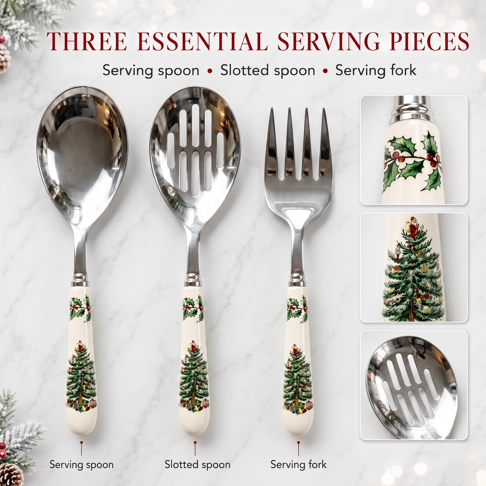 Spode Christmas Tree close-up of porcelain handle showcasing pattern and comfortable grip benefit