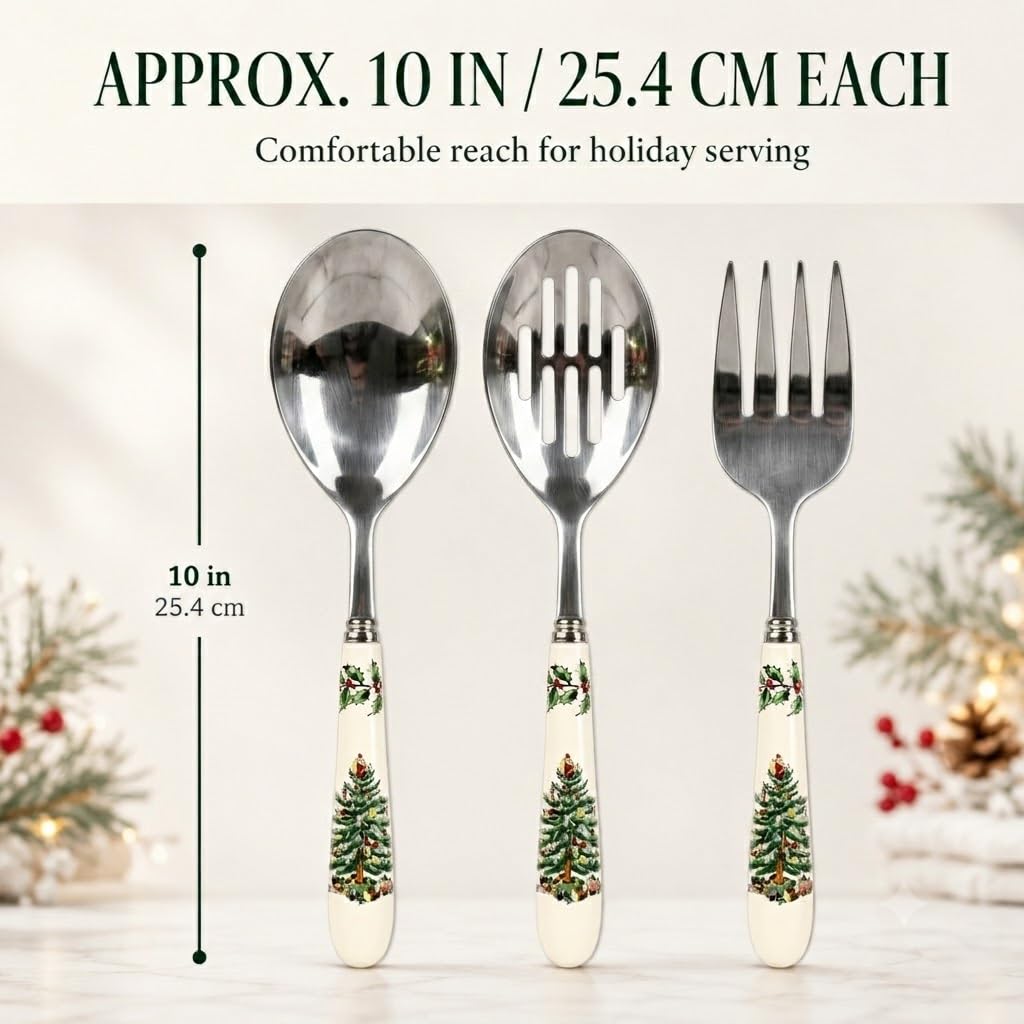 Spode Christmas Tree stainless steel heads detail highlighting durable finish and easy serving benefit