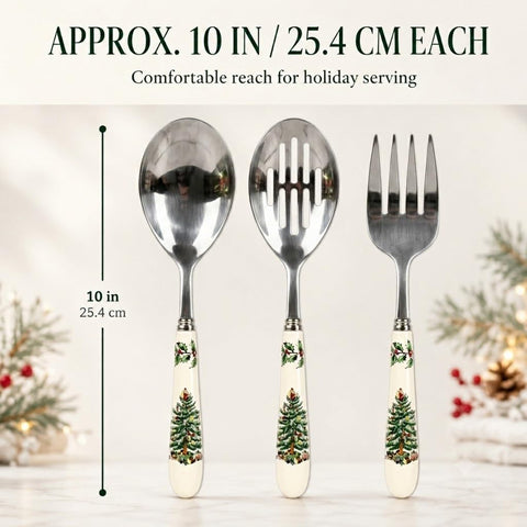 Spode Christmas Tree stainless steel heads detail highlighting durable finish and easy serving benefit