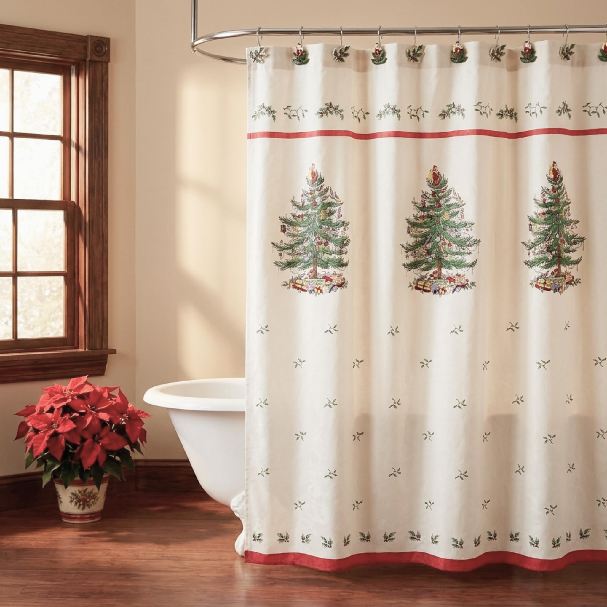 Spode curtain displayed in bathroom creating cozy seasonal atmosphere