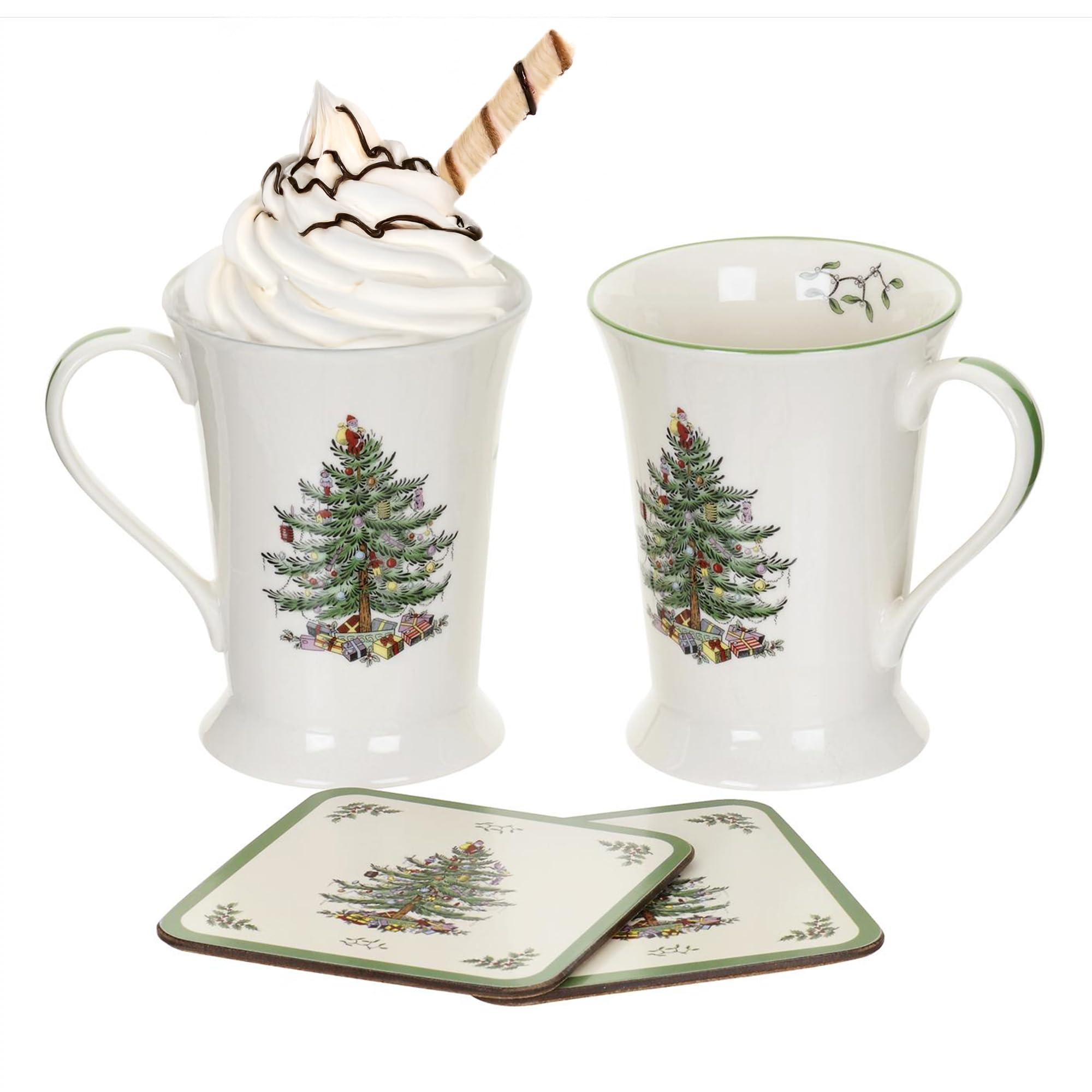 Spode mug front view showing Christmas Tree design and festive appeal