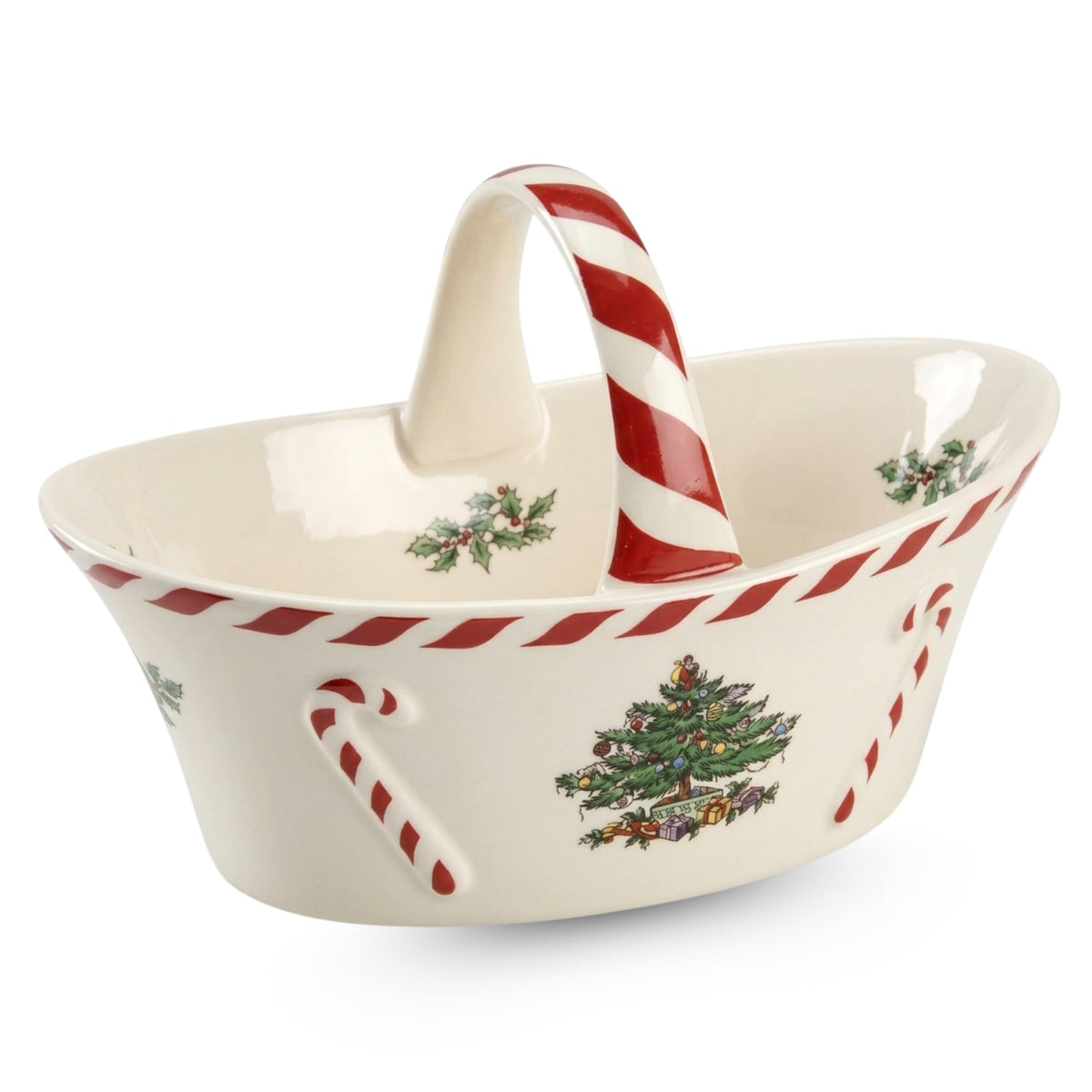 Spode basket front view showing Christmas Tree pattern and peppermint accent for festive serving