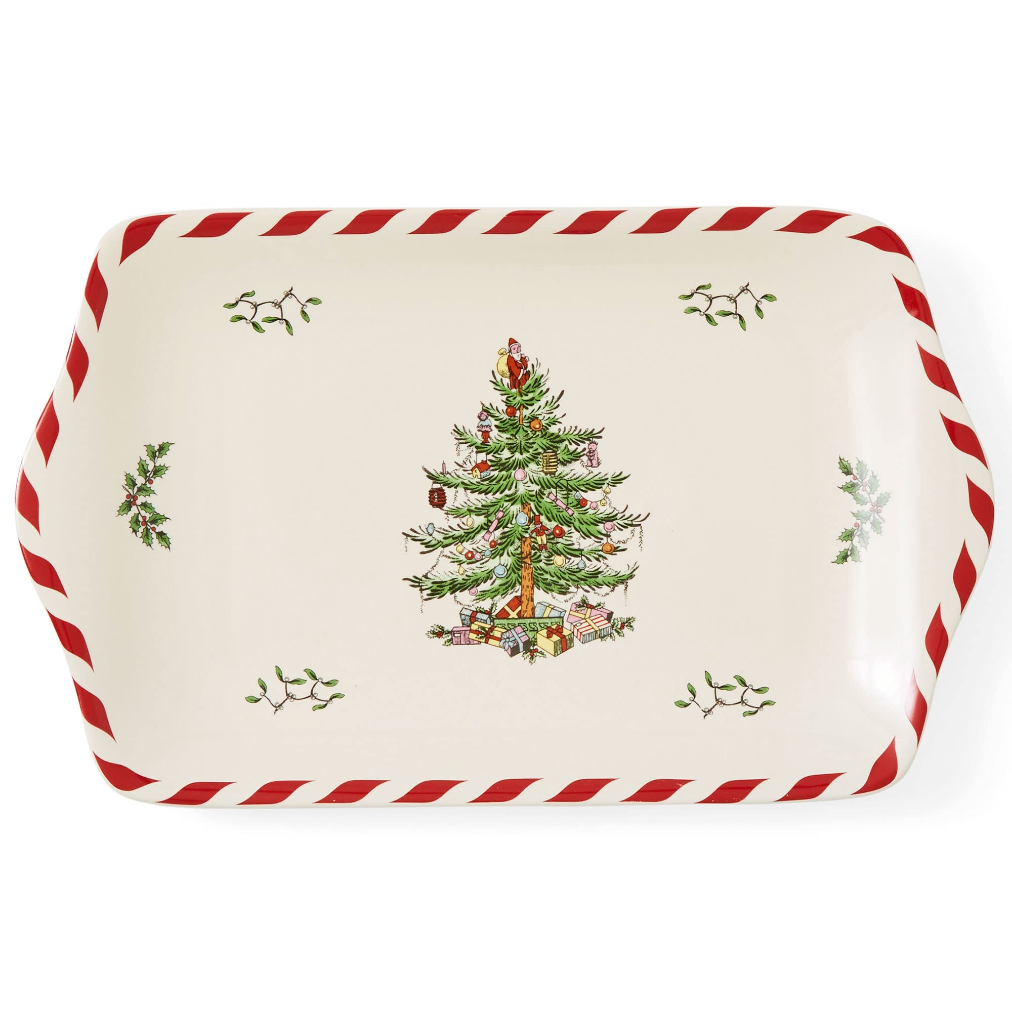 Spode tray front view showing Christmas Tree pattern and peppermint band, elegant serving