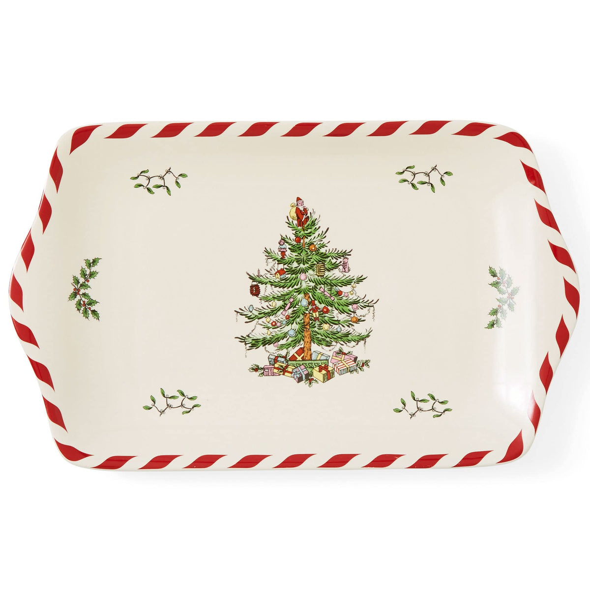 Spode tray front view showing Christmas Tree pattern and peppermint band, elegant serving
