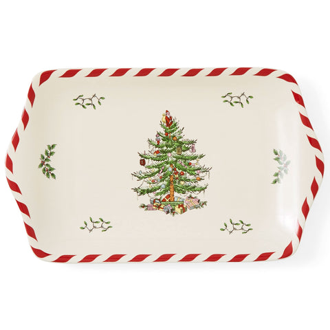 Spode tray front view showing Christmas Tree pattern and peppermint band, elegant serving
