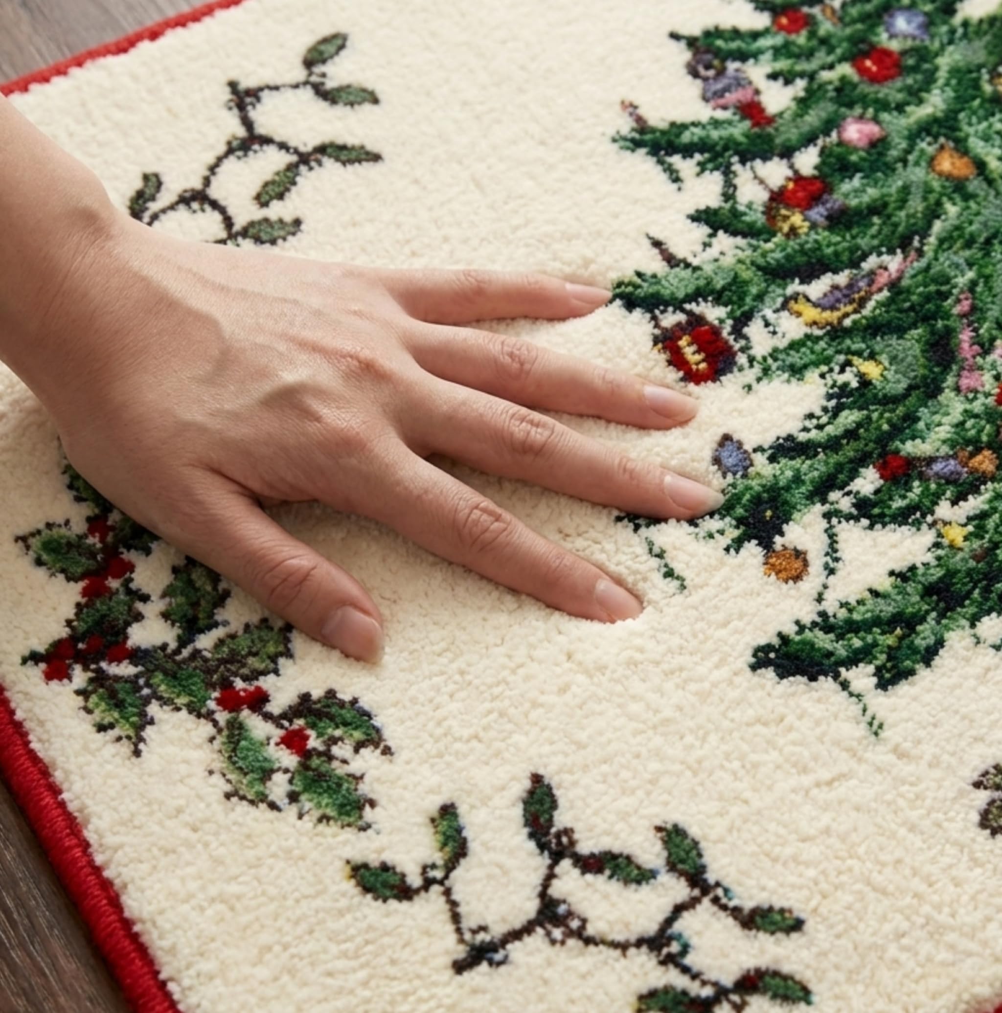 Spode close-up of tree and holly print highlighting vivid colors and detail
