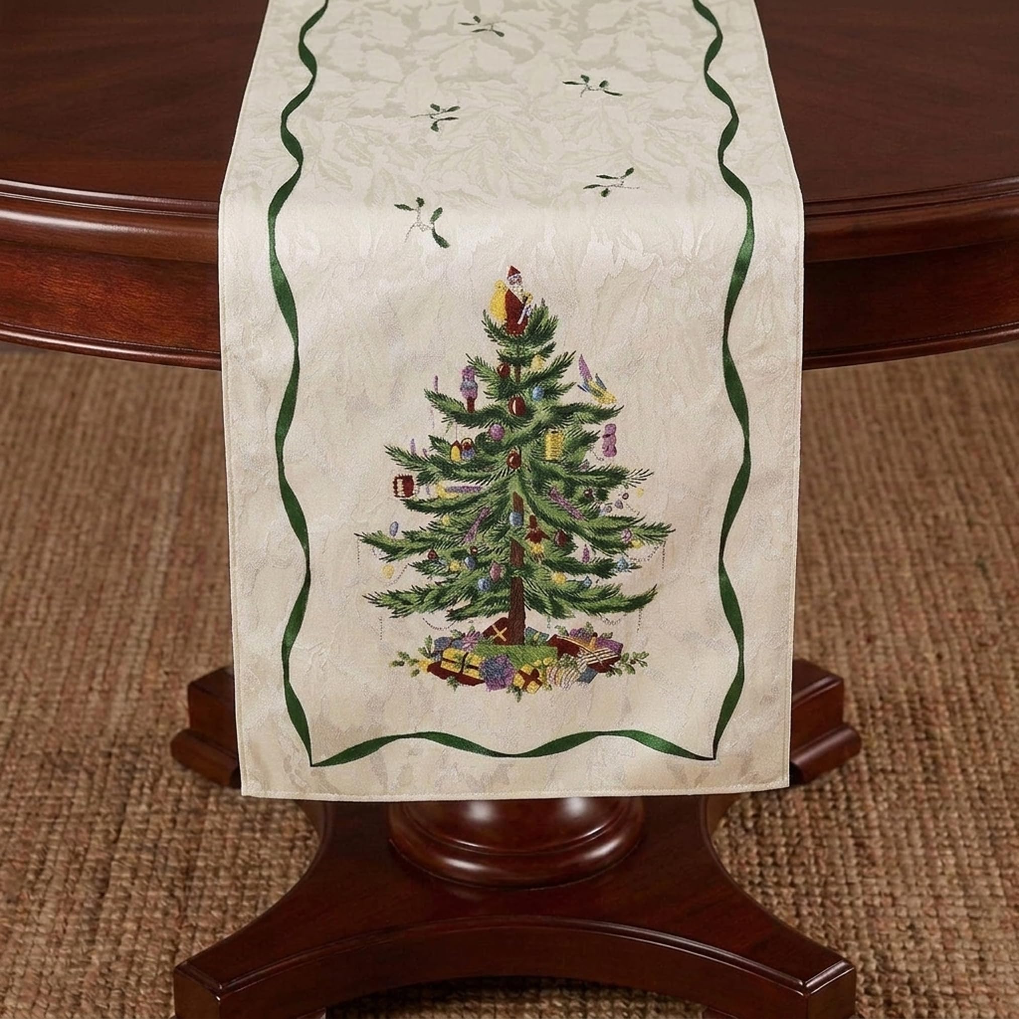 Spode runner front view showing Christmas Tree motif and festive look