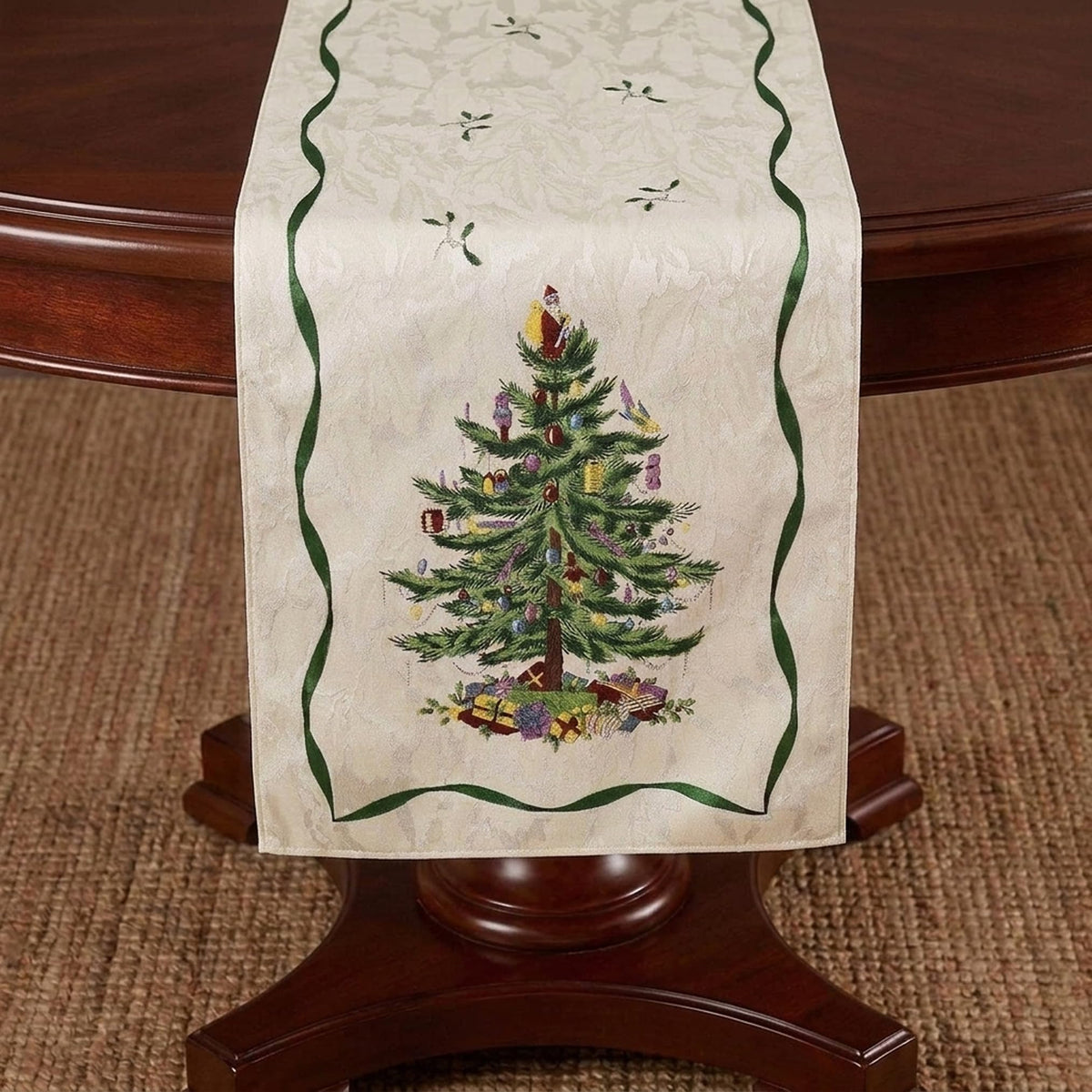 Spode runner front view showing Christmas Tree motif and festive look