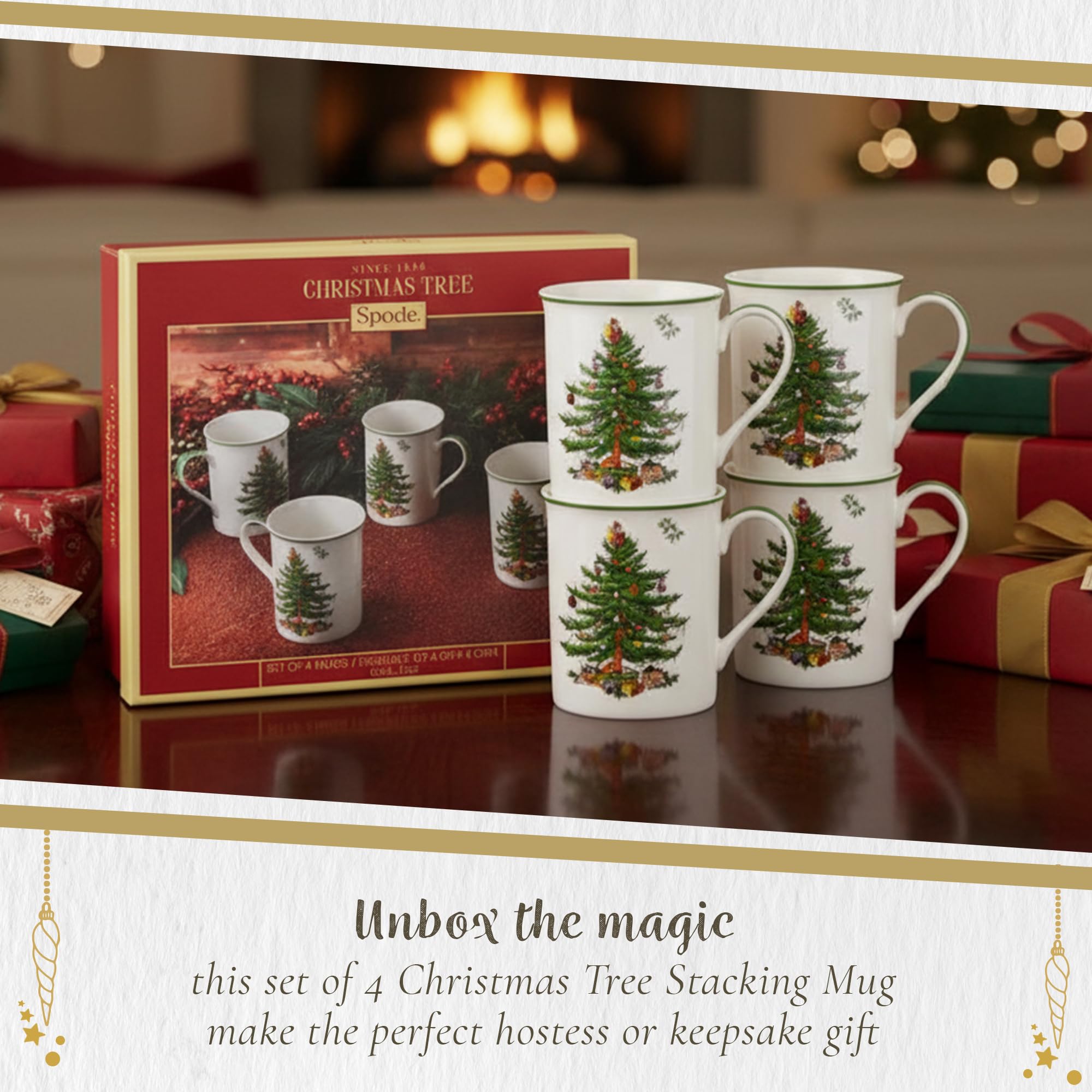 Spode Christmas Tree mug next to a teaspoon showing 12 oz scale and portion benefit