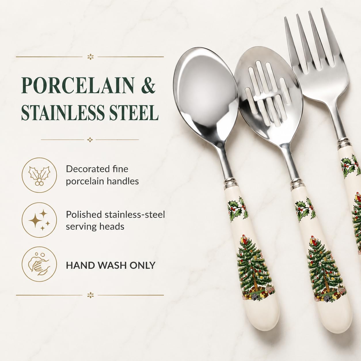 Spode Christmas Tree serving spoon in use dishing vegetables showing practical portioning benefit