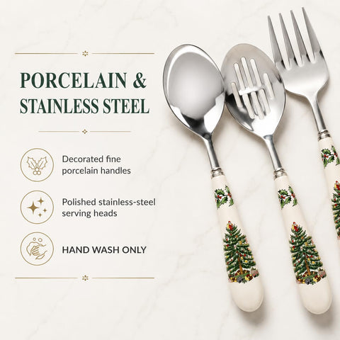 Spode Christmas Tree serving spoon in use dishing vegetables showing practical portioning benefit
