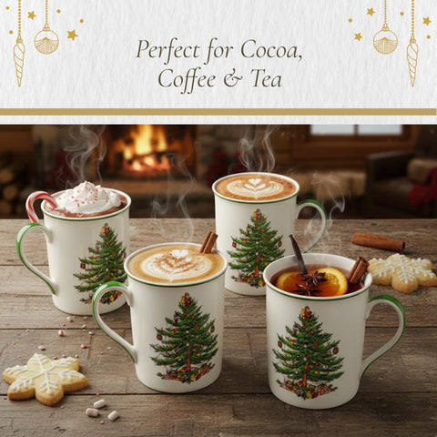 Spode Christmas Tree four-mug set on table adding festive charm to gatherings