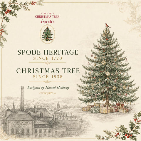 Spode Christmas Tree set styled with matching dinnerware creating coordinated table and elegant holiday benefit