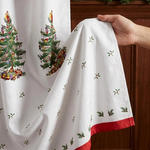 Spode curtain beside tub showing 72-inch fit for standard showers