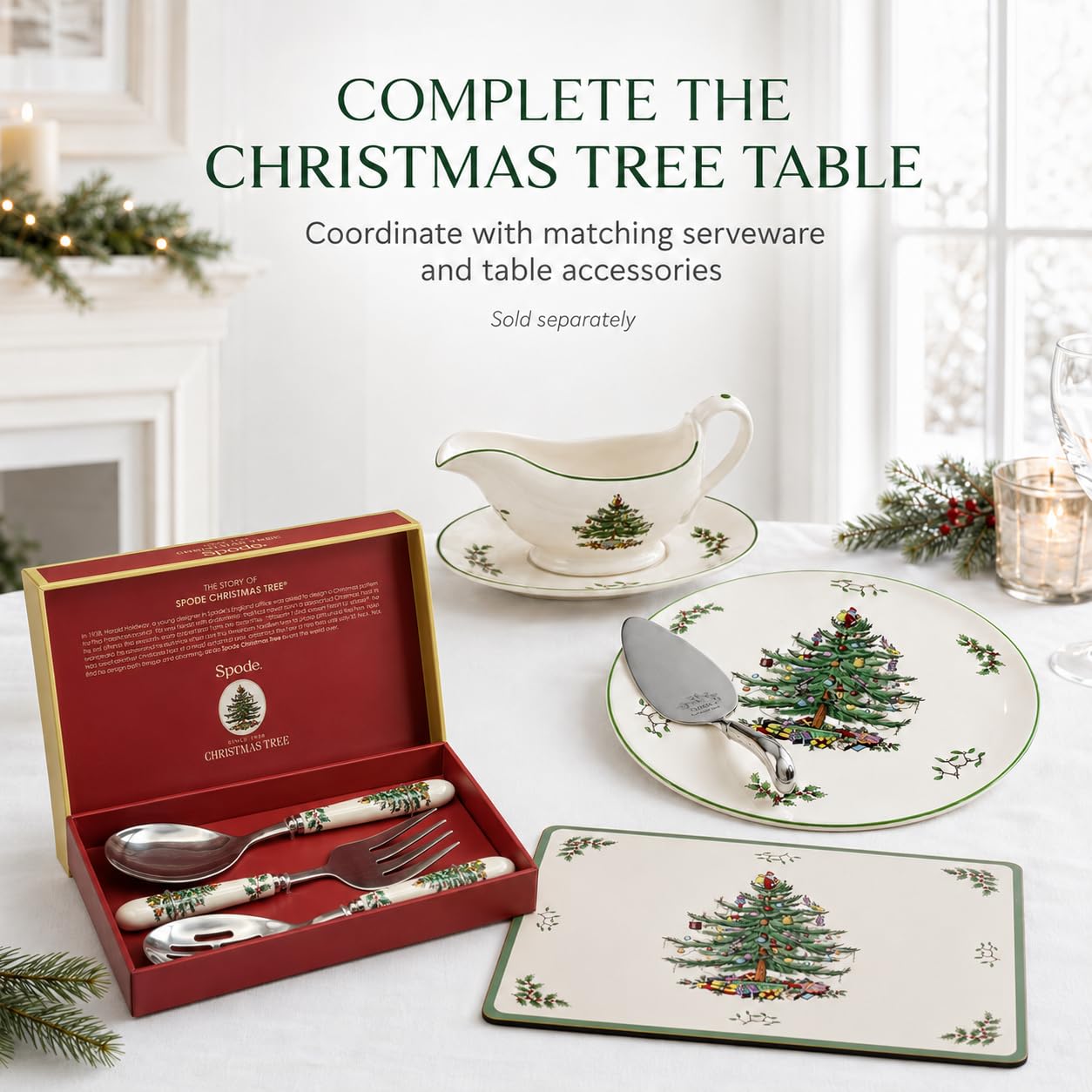 Spode Christmas Tree set beside ruler for scale showing 10-inch serving spoon and size clarity benefit