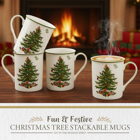 Spode Christmas Tree mugs stacked to save space and show practical storage benefit