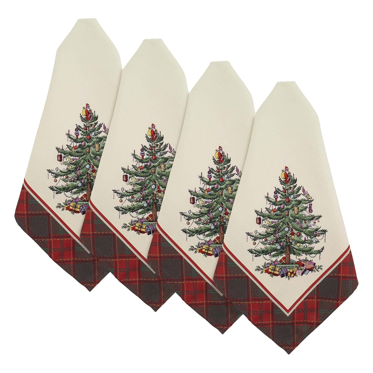 Spode napkins front view showing tree motif and tartan border for festive styling