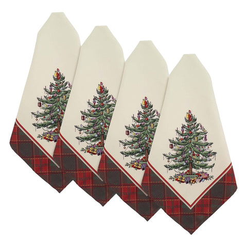 Spode napkins front view showing tree motif and tartan border for festive styling
