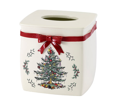 Spode tissue cover front view showing Christmas tree and red ribbon, elevates countertop decor
