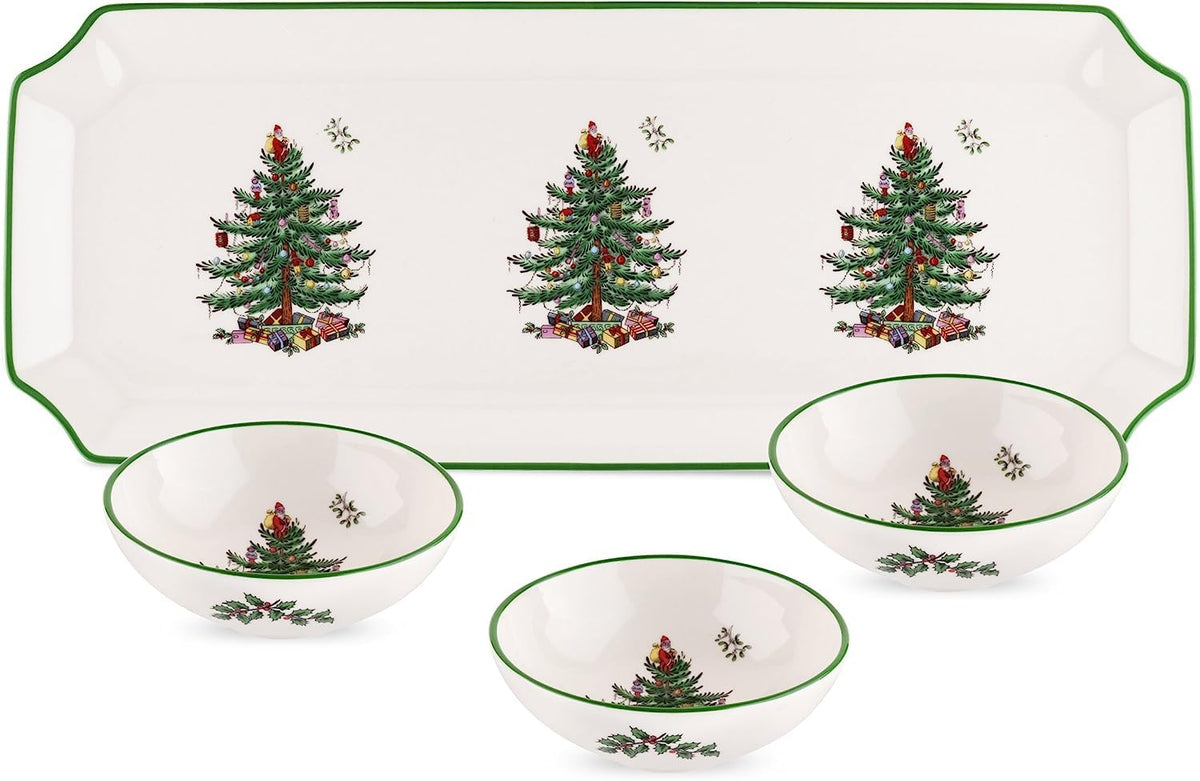 Spode tray front view showing Christmas Tree design and festive serving appeal