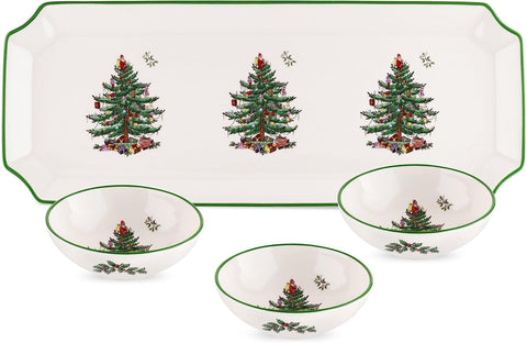 Spode tray front view showing Christmas Tree design and festive serving appeal