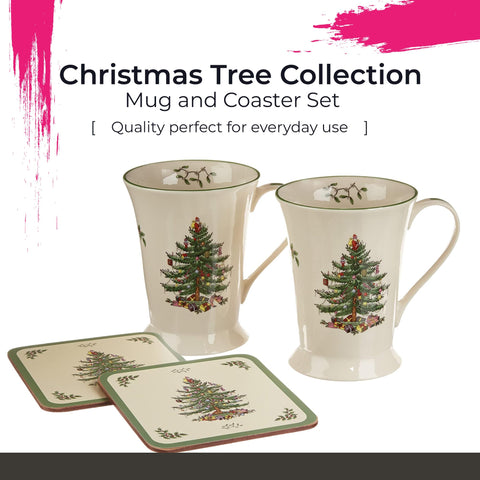Spode mug and coaster stacked display highlighting coordinated set benefit
