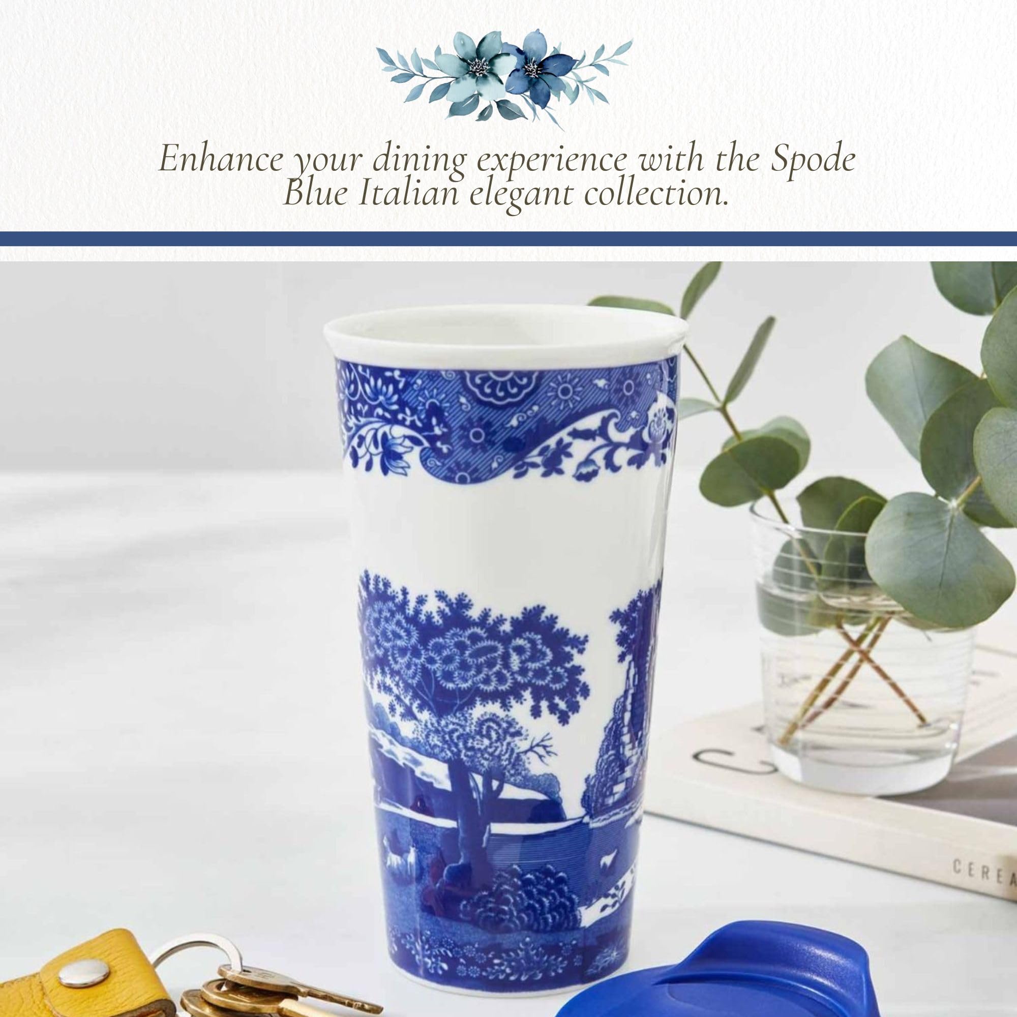 Spode travel mug with coffee on table in lifestyle setting, stylish morning companion