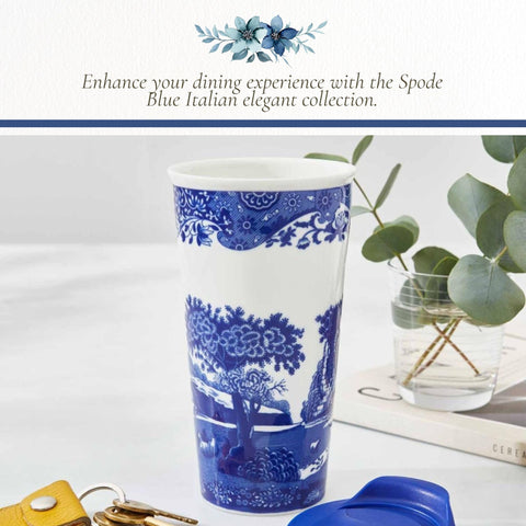 Spode travel mug with coffee on table in lifestyle setting, stylish morning companion