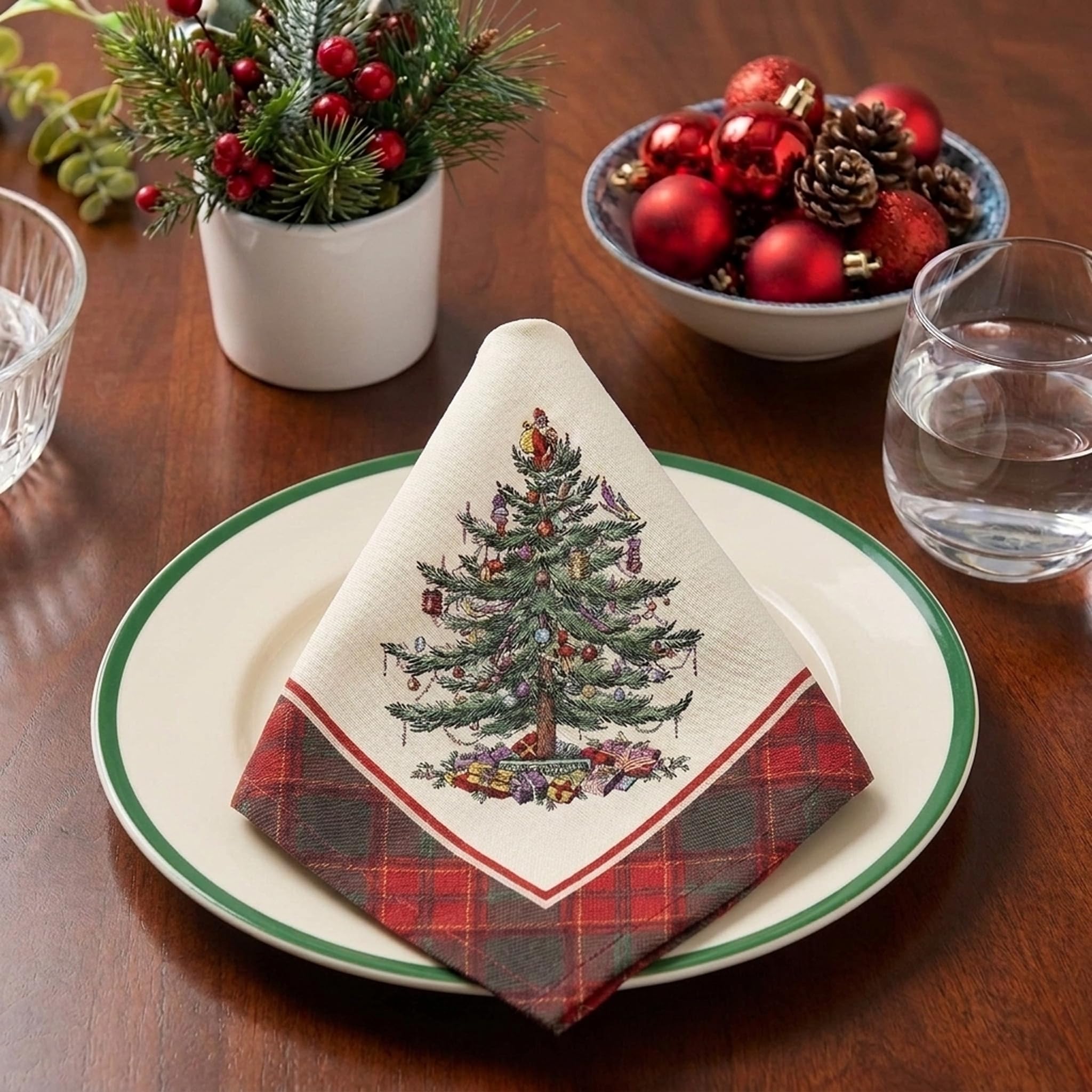Spode napkin in use at a holiday table demonstrating cohesive seasonal decor