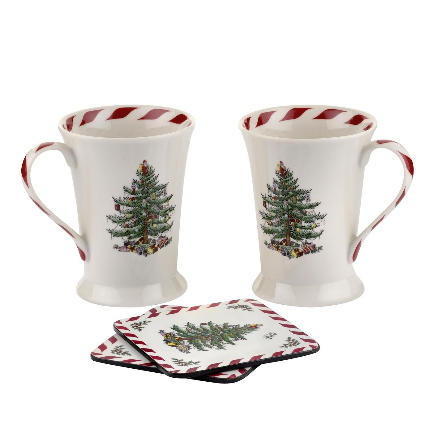 Spode front view of boxed mugs and coasters showing festive tree design and gifting appeal