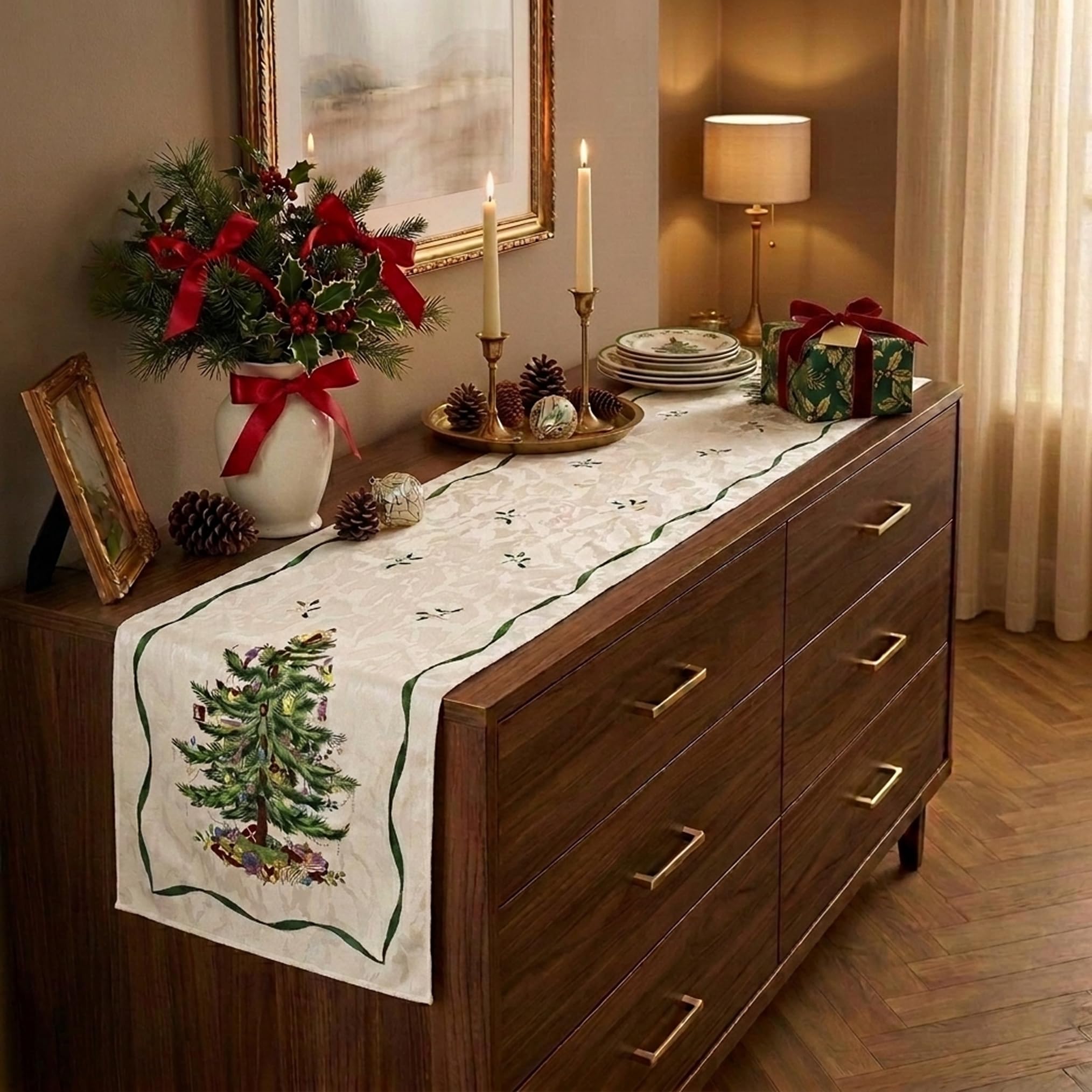 Spode runner styled on dining table showcasing seasonal centerpiece benefit