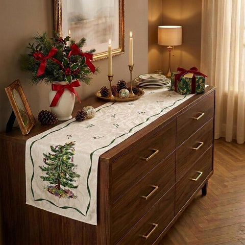 Spode runner styled on dining table showcasing seasonal centerpiece benefit