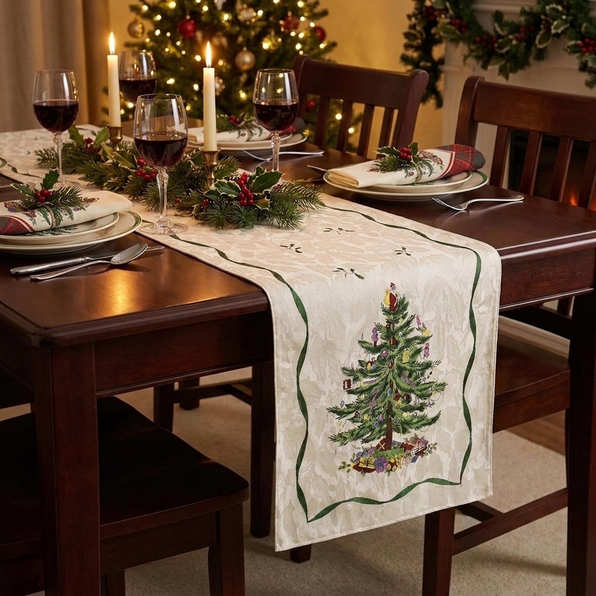 Spode runner with place settings to show 14x90 size and coverage