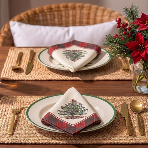 Spode napkin beside a plate showing 20-inch scale for table planning