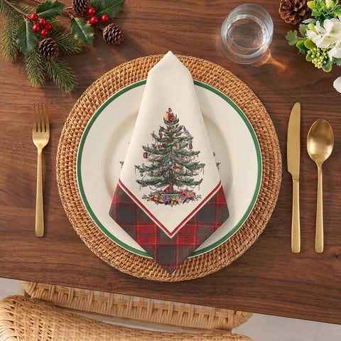 Spode close-up of tartan border detail showcasing pattern clarity and color