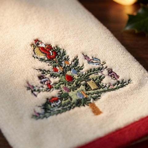 Spode red border and hem close-up showing durable finish and color contrast