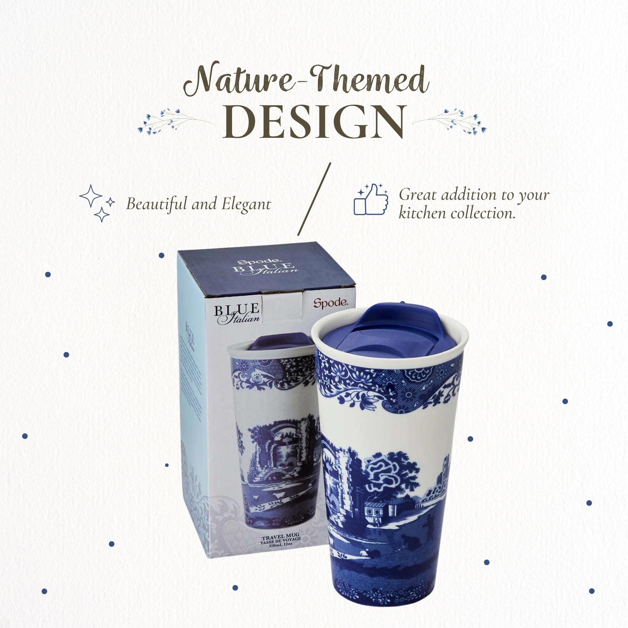 Spode travel mug hard plastic lid detail showing sip-from-ceramic design, spill reduction