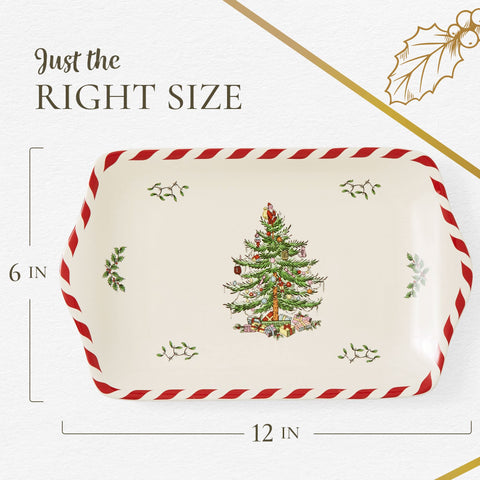 Spode tray on mantel with decor, demonstrating seasonal display and charm