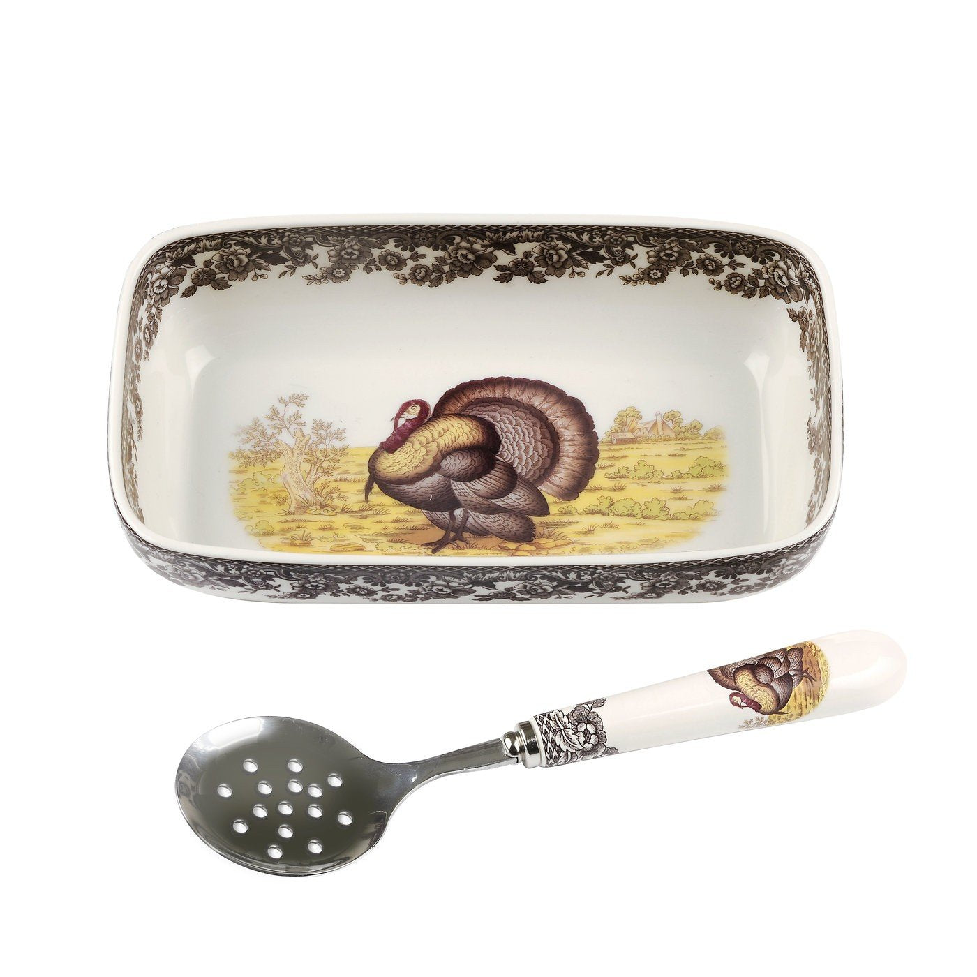 Spode Woodland cranberry dish front view showing turkey motif and elegant serving benefit