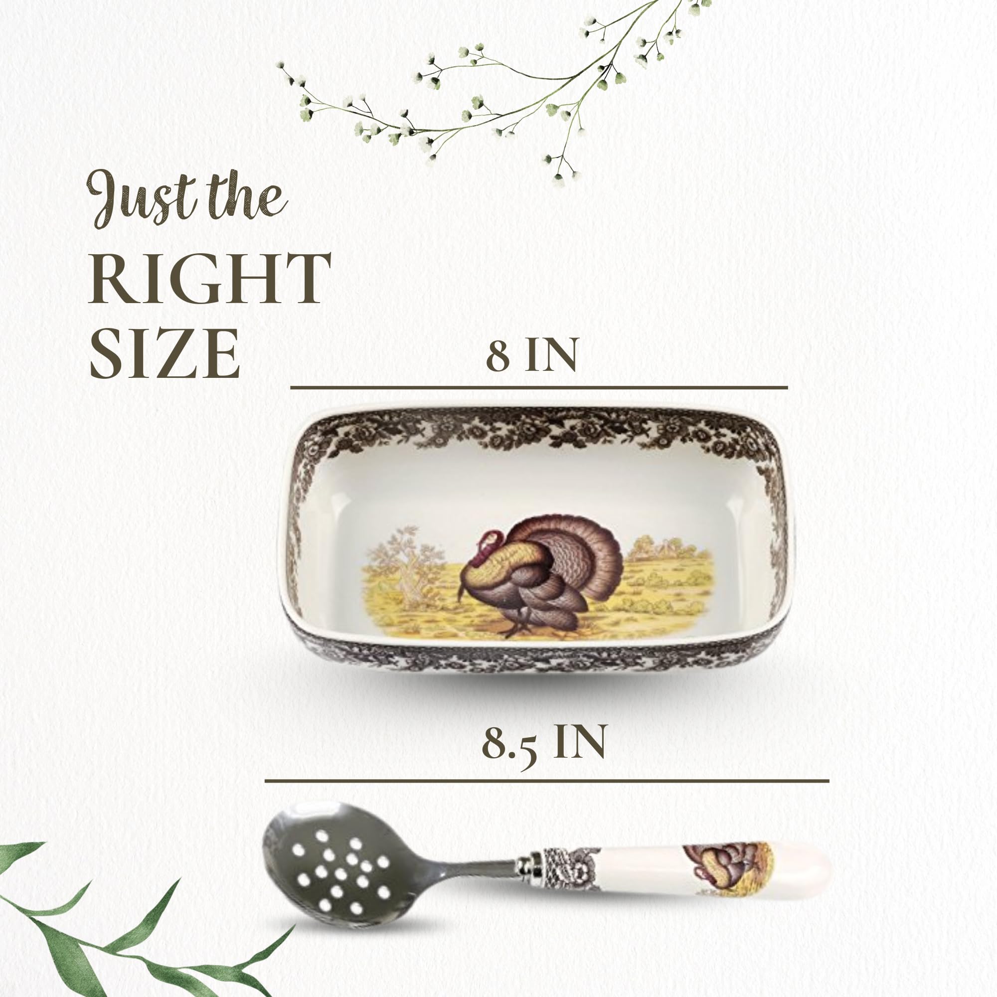 Spode Woodland cranberry dish on buffet with slotted spoon showing easy serving benefit