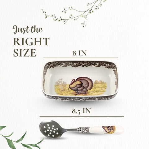 Spode Woodland cranberry dish on buffet with slotted spoon showing easy serving benefit