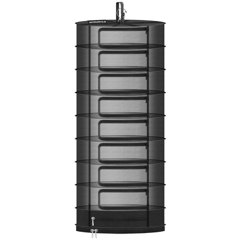 SPONDWILD front view of 9-layer hanging dryer showing stacked trays and hook benefit airflow