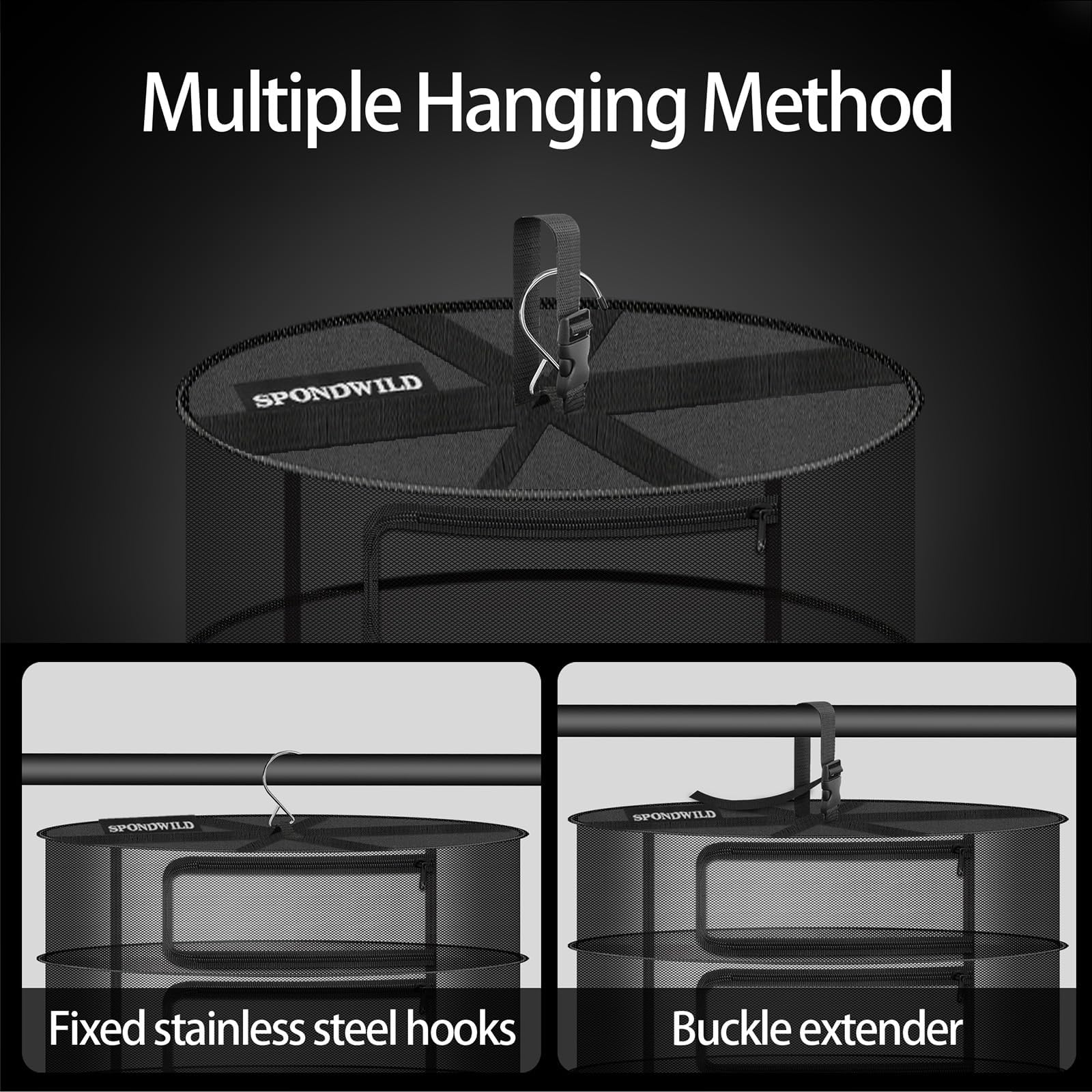 SPONDWILD hanging in garden showing adjustable hook and outdoor drying convenience