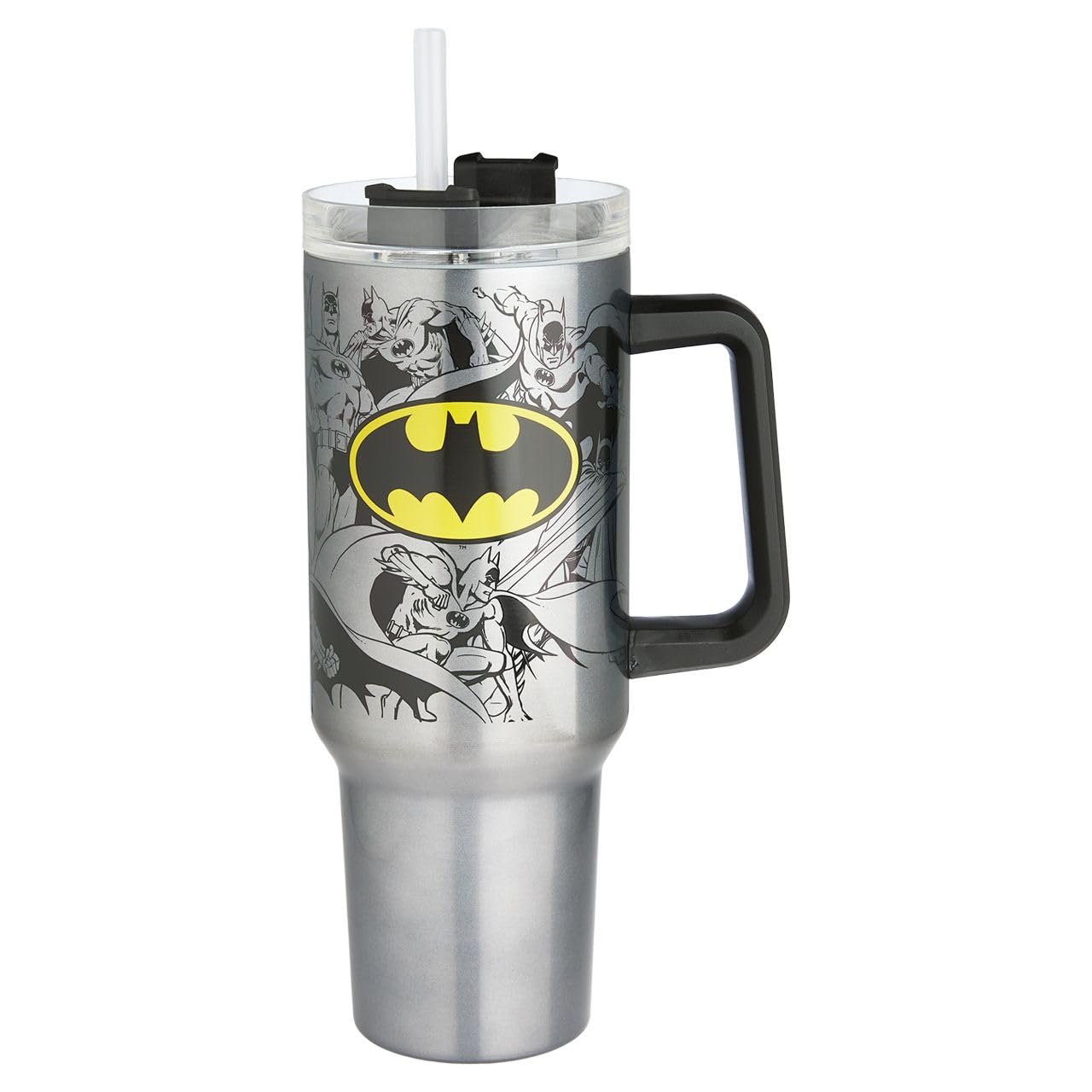 Spoontiques Batman travel mug front view showing design and easy-grip handle