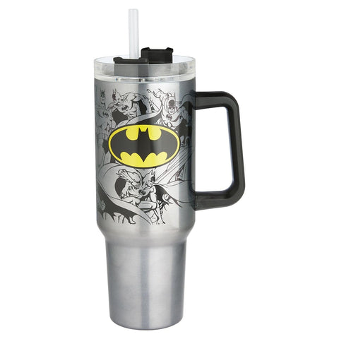 Spoontiques Batman travel mug front view showing design and easy-grip handle
