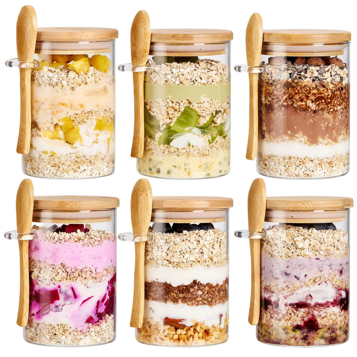 Spreccio front view of six glass jars showing clean design and storage benefit