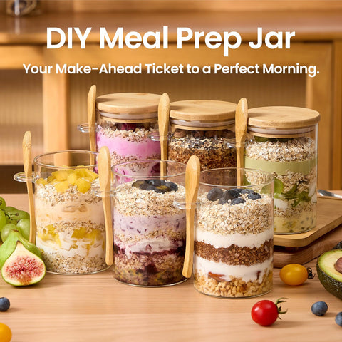 Spreccio lineup of jars with different meals showing versatile meal-prep options